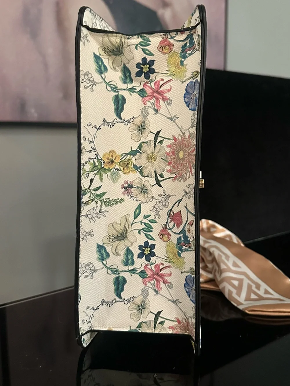 Aldo Floral Print Satchel with Tan Silk Scarf Accent